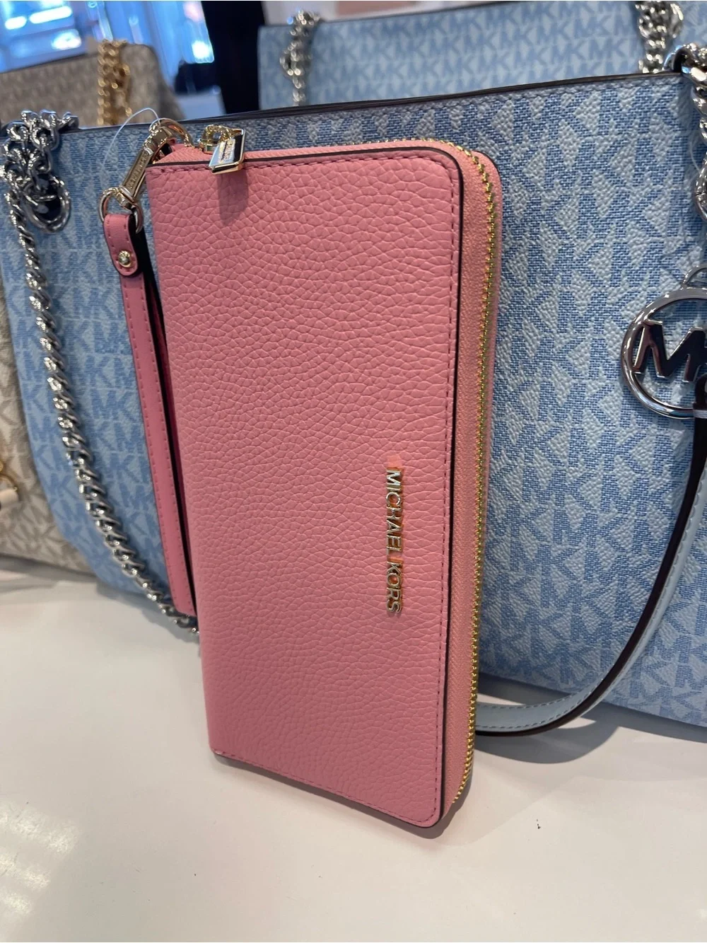 MICHAEL KORS Lg Pebbled Leather Continental Wallet Wristlet Phone Hold Carnation